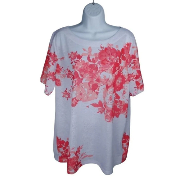 Claire France Knit Top Floral Roses White  Pink Salmon 2X NWT - Picture 2 of 8